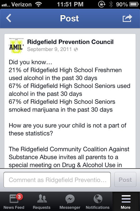 Post on Facebook about teen alcohol use