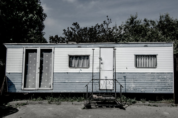 Blue mobile home.