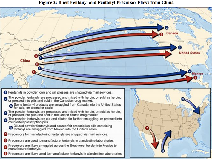 Fentanyl floats from China to USA - map
