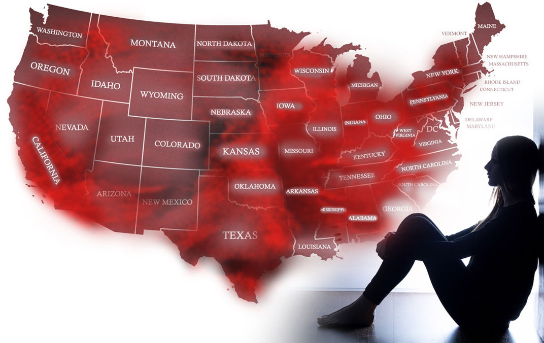 USA map with depressed addict in front.