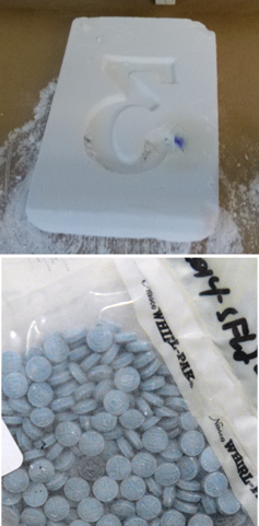 Fentanyl in brick and counterfeit pill forms.