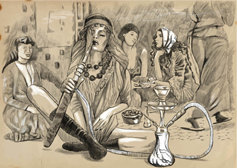 historical drawing of women smoking hashish