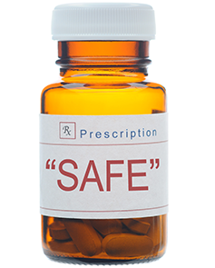 Prescription bottle labeled as safe drugs.