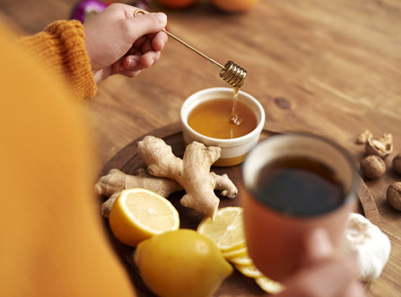 Warming tea with honey, lemon, and ginger