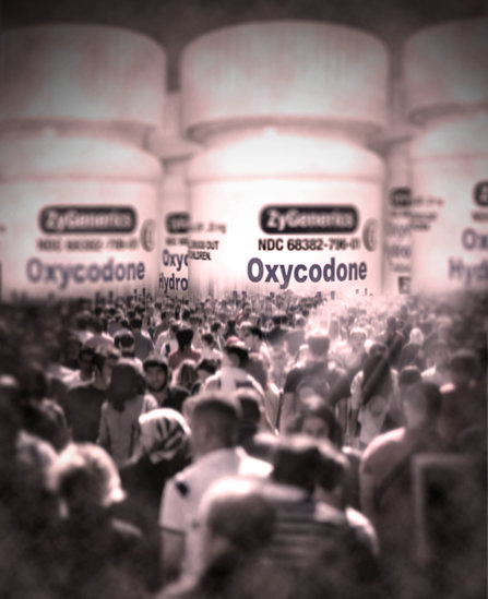 Crowd of addicts surrounding Oxycodone.