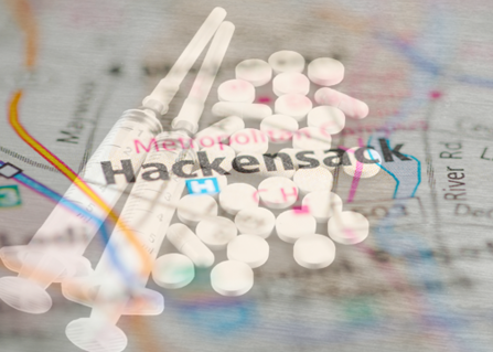 Map of Hackensack with pills and syringe.