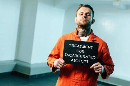 Man standing with a sign in the jail.