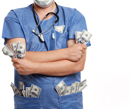 Doctor with bunch of dollar bills in his pockets and both hands.