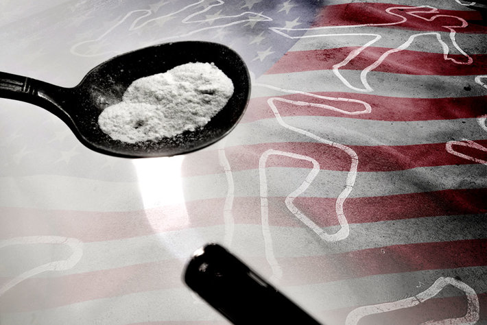 Fentanyl deaths in America - cooking fentanyl on chalk deadlines background.