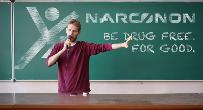 Young Narconon volunteer lecturing in a school about Drug Harm. 