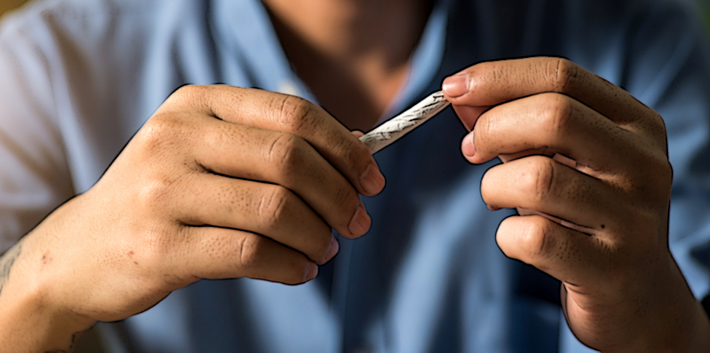 A young man holds a fresh joint. 