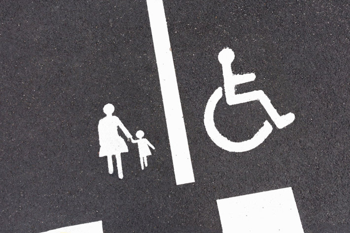 Disability and pedestrian sign on the asphalt.