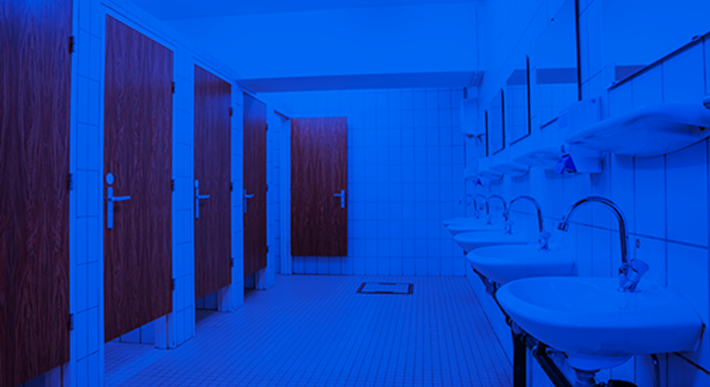 Some public restrooms are being lit with blue lights to prevent overdoses. 
