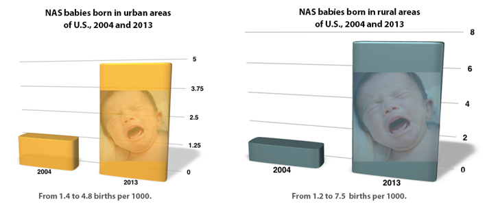 Two graphs show the increase in neonatal abstinence syndrome among urban and rural babies. 