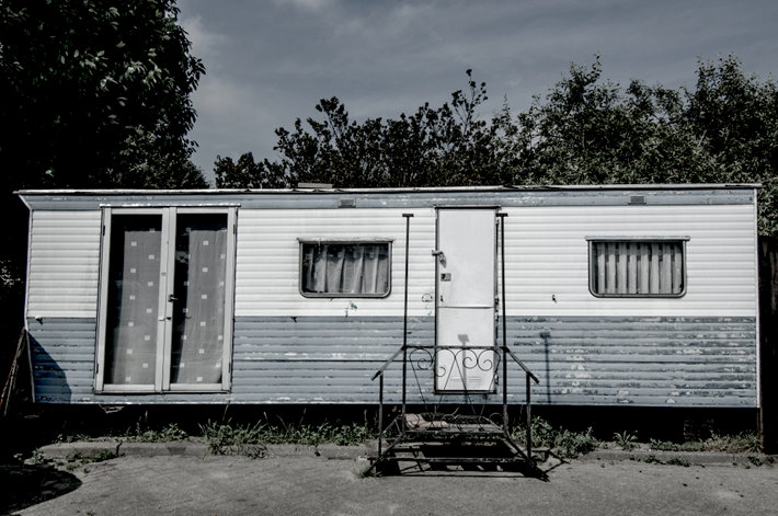 Blue mobile home.