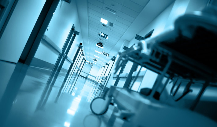 Dramatic photo of a hospital hallway. 