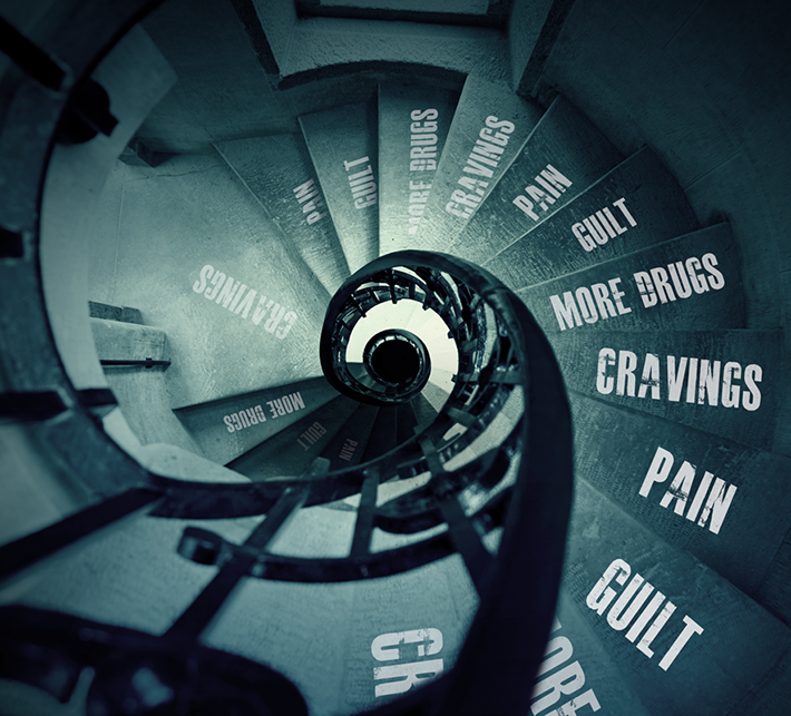 Dark spiral Stairs - Vicious Cycle of Addiction: Guilt, Pain, Cravings, More Drugs.