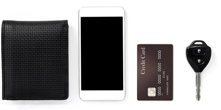 Wallet, phone, credit card and key